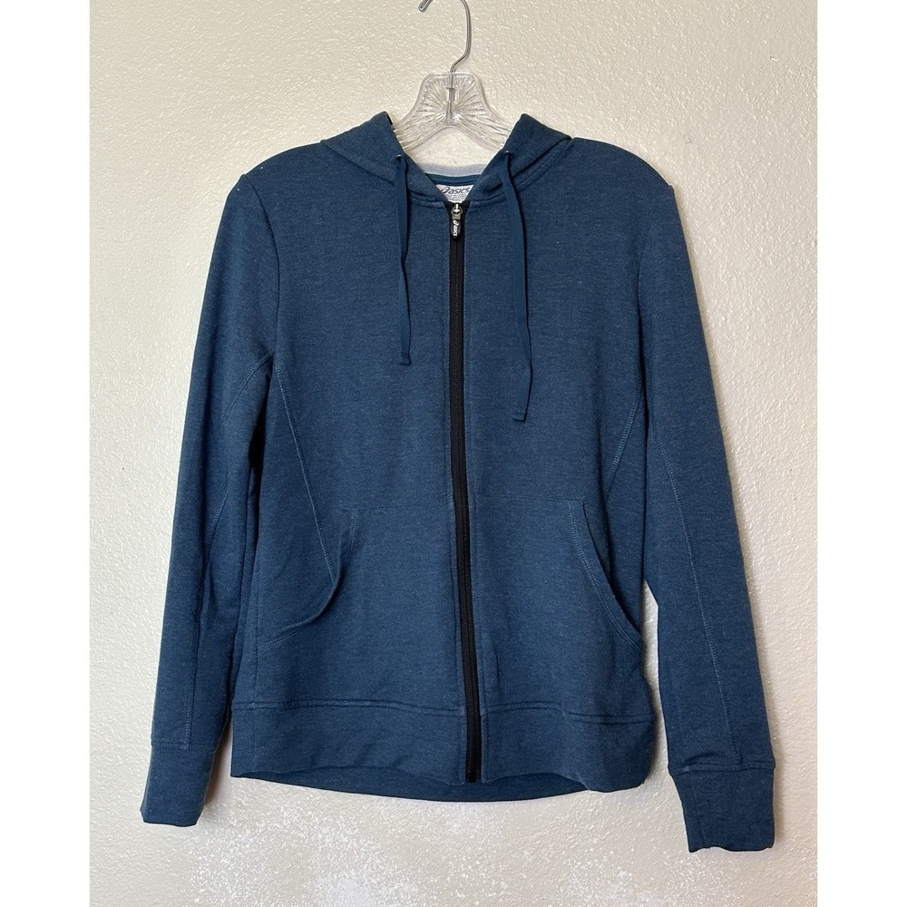 ASICS Size Small Blue Zip Hoodie Front Pockets Reflective Back Strip